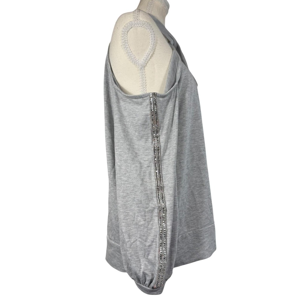 VENUS Cold Shoulder Top Womens L Gray Rhinestone Keyhole Halter Long Sleeve - Picture 13 of 17